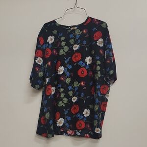 Sag Harbor Red and White Shell Blouse Rayon Floral Medium Vintage 90s Oversized